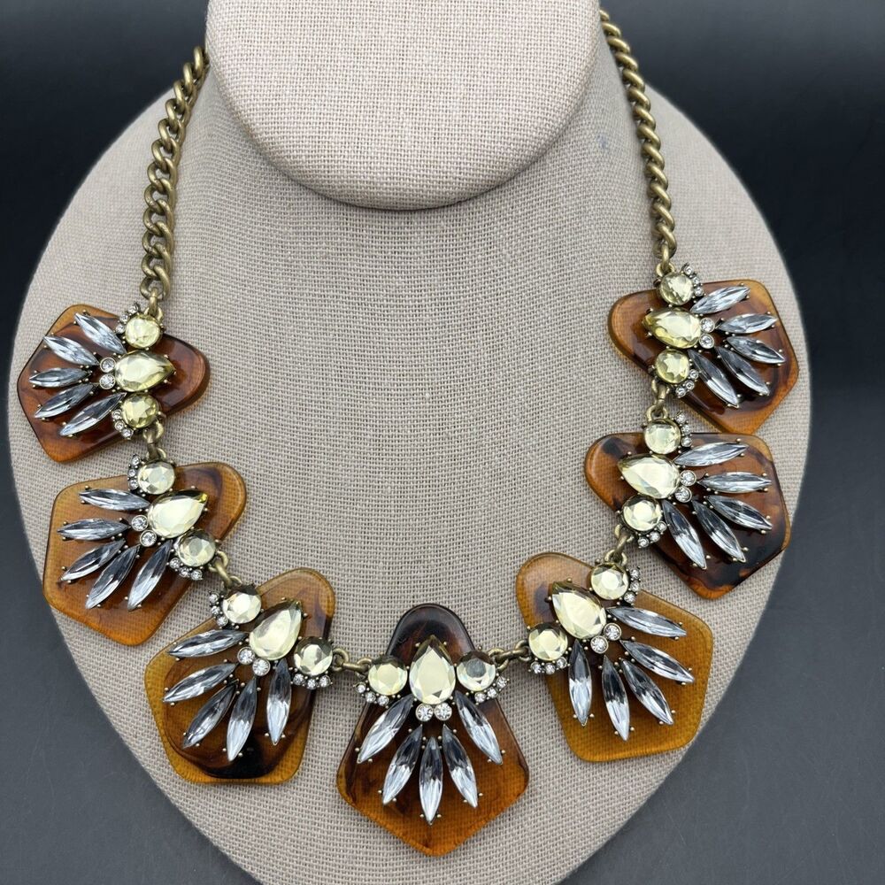 Loft Bib Statement Necklace Yellow Clear Rhinestone Faux Tortoise Acrylic Chunky